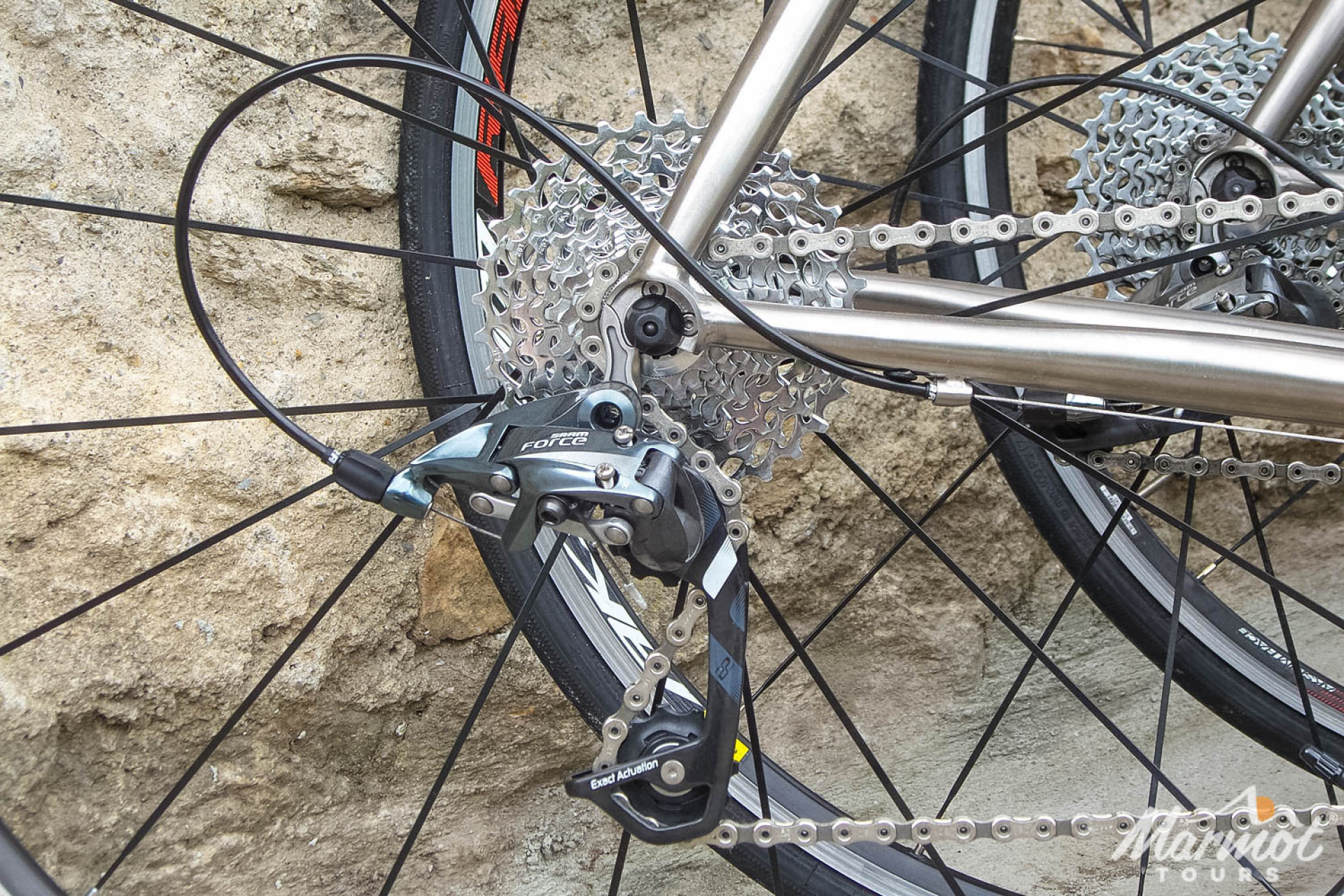 Close up view of Marmot Tours hire bike derailleur