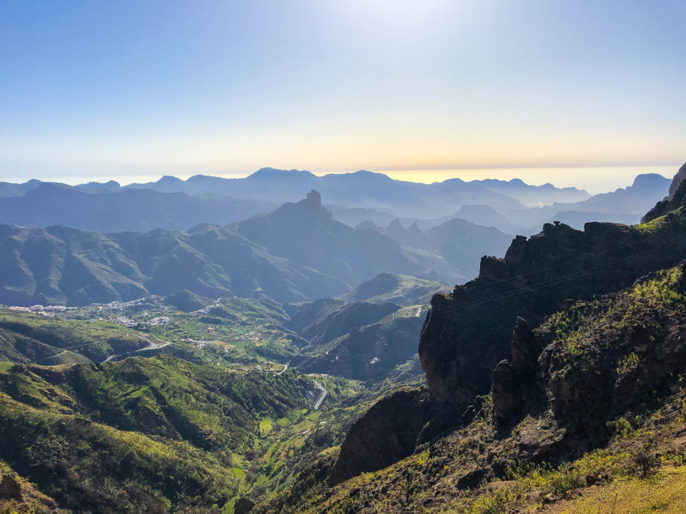 View of lush landscape of Gran Canaria with Atlantic Ocean in distance on Marmot Tours guided road cycling holiday