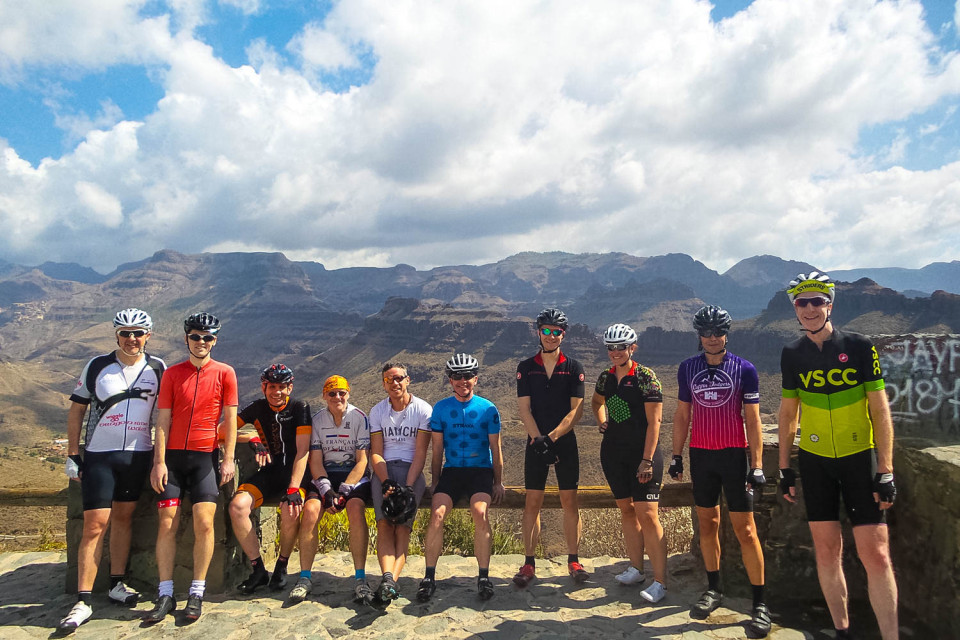 Group of cyclists and mountain backdrop on Gran Canaria full support cycling holiday with Marmot Tours