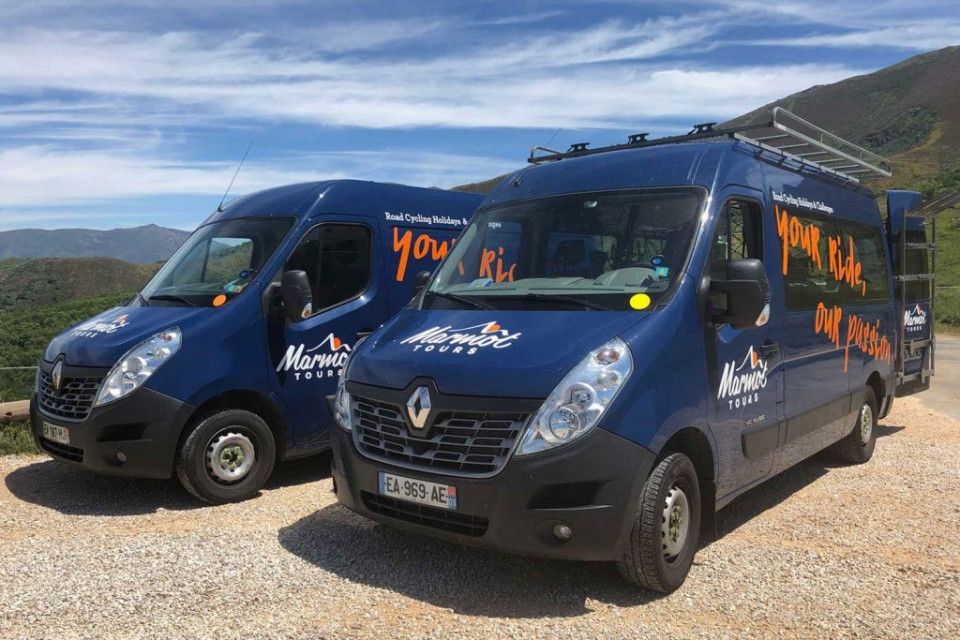 Two Marmot Tours support vans on fully supported guided road cycling holidays in Europe