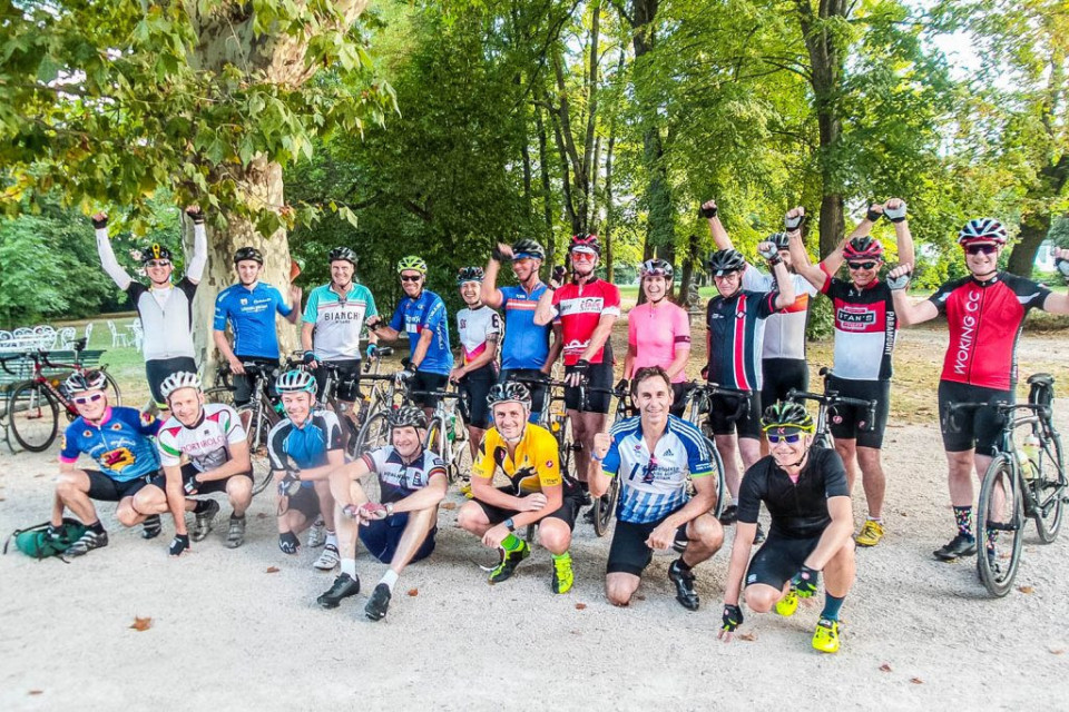 Group of cyclists ready to commence Ventoux Club des Cingles challenge with Marmot Tours guided road cycling holidays France